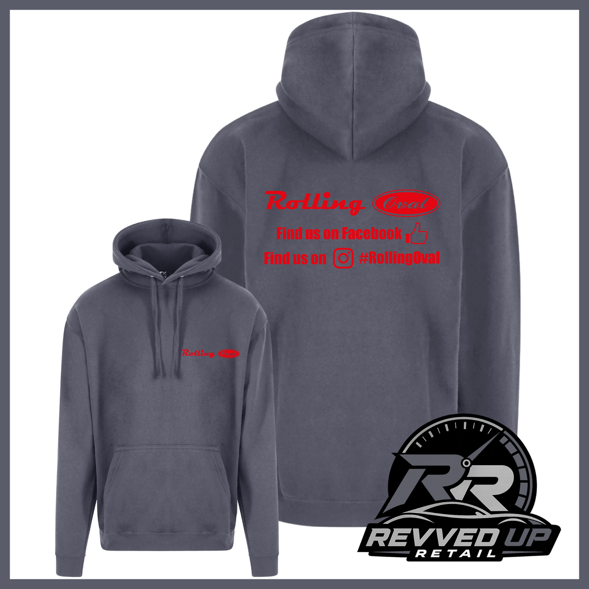 A dark gray pullover hoodie shown from both front and back views on a white background with a black border. The back features red text reading 'Rolling Oval' and 'Find us on Facebook' with a small logo, while the front has a smaller matching red logo.