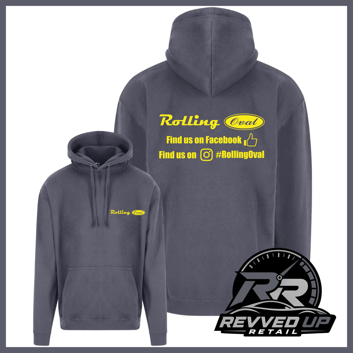 A dark gray hoodie shown from both front and back on a white background. The front has a small yellow 'Rolling Oval' logo on the left chest, and the back has a larger matching yellow graphic with social media text.
