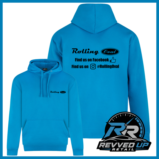 Bright blue hoodie shown from both front and back on a white background, with black printed text and logo. The front has a small chest logo, and the back has a larger 'Rolling Oval' graphic with social media text.