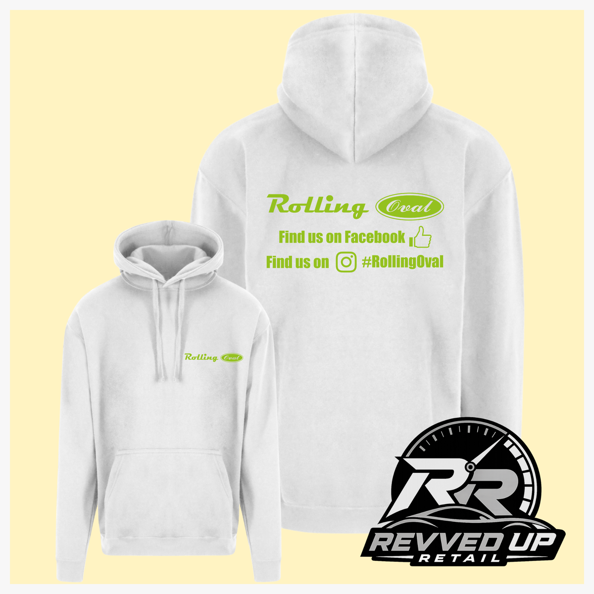 A white pullover hoodie shown from both front and back on a pale yellow background. The front has a small green 'Rolling Oval' logo on the left chest, while the back has a larger matching green graphic with social media text.