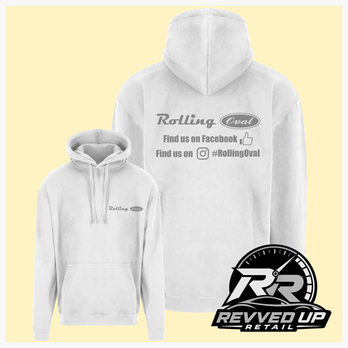White pullover hoodie shown from front and back on a pale yellow background. The front has a small chest logo reading Rolling Oval, and the back has larger text reading Rolling Oval with social media details.