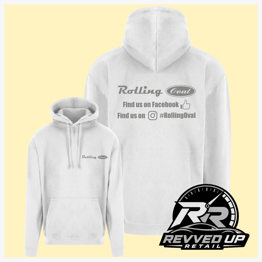 White pullover hoodie shown from front and back on a pale yellow background. The front has a small chest logo reading Rolling Oval, and the back has larger text reading Rolling Oval with social media details.