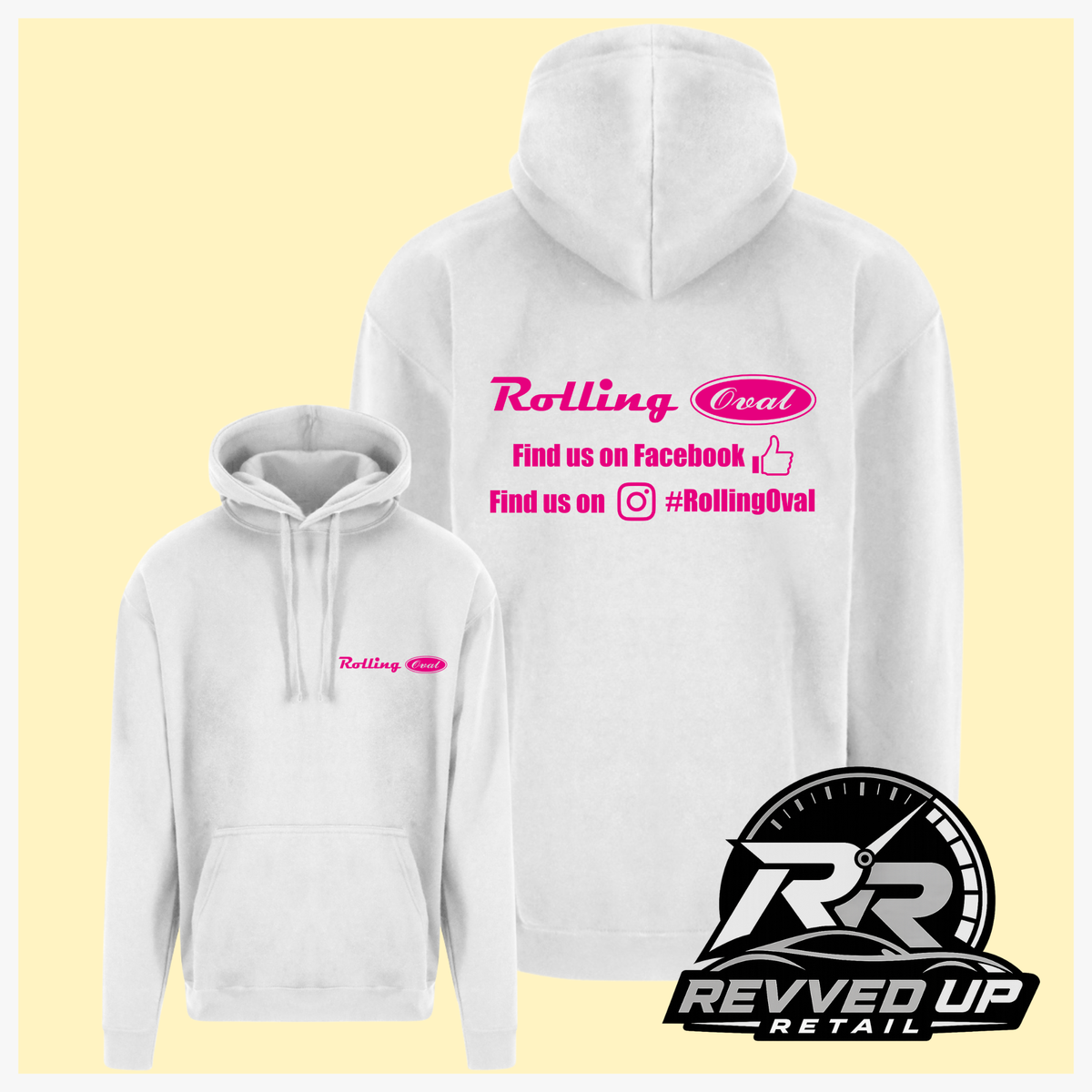 White pullover hoodies shown from front and back on a pale yellow background. The front hoodie has a small pink Rolling Oval logo on the chest, and the back hoodie has a larger pink Rolling Oval logo with social media text.