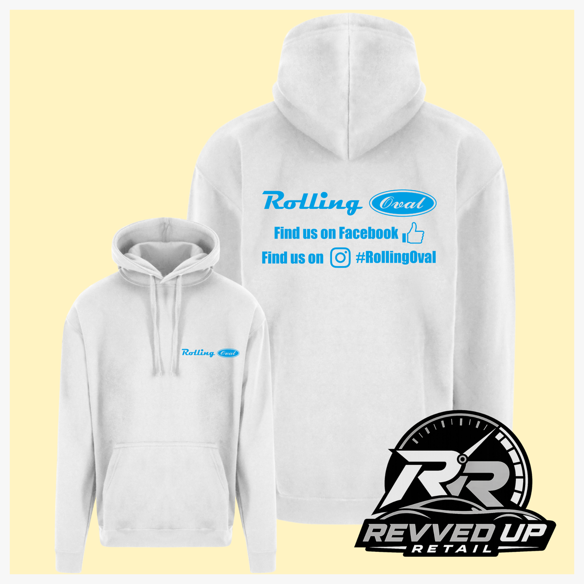 White pullover hoodies shown from front and back on a pale yellow background. The front hoodie has a small blue Rolling Oval logo on the left chest, while the back hoodie has a larger blue Rolling Oval logo and social media text across the upper back.