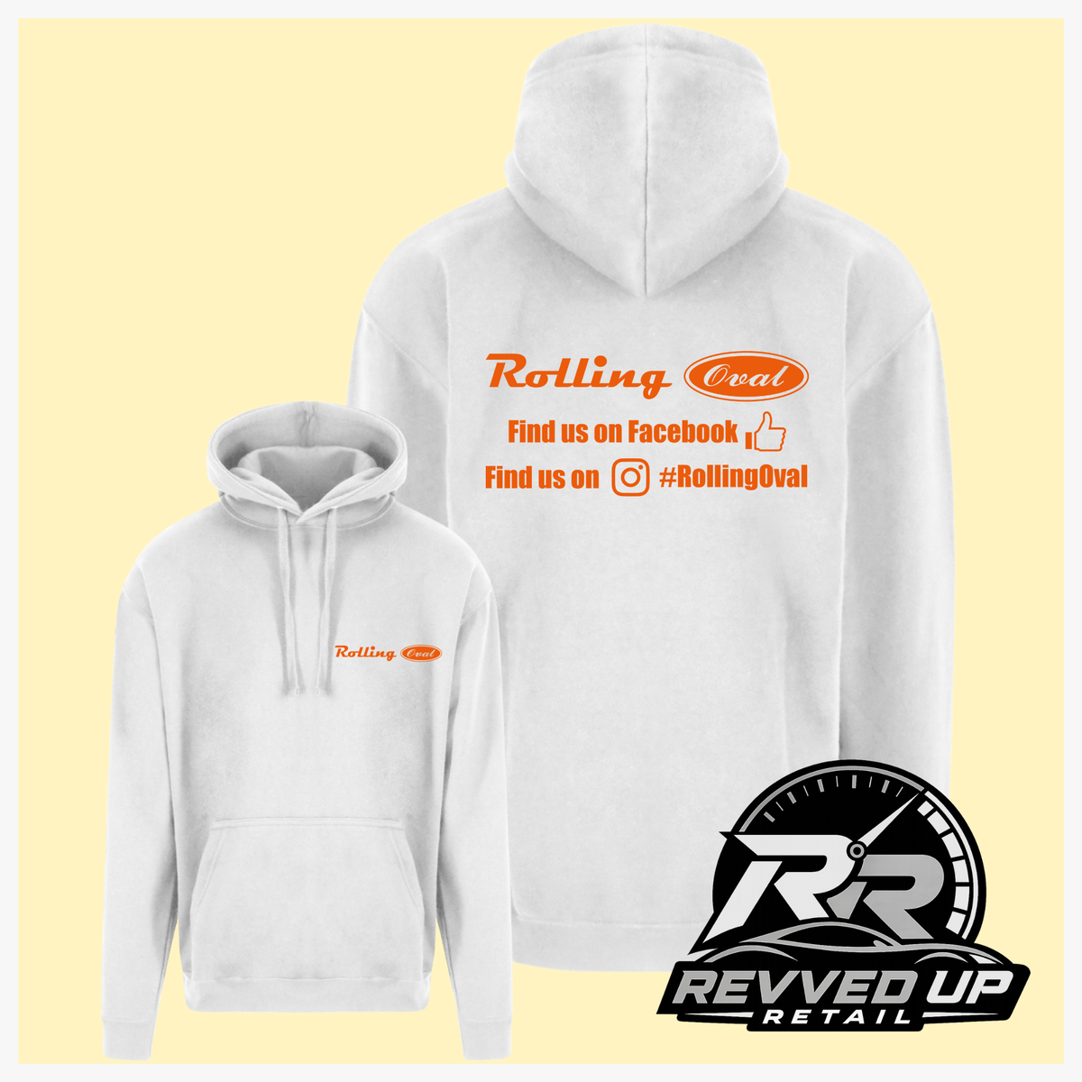 White pullover hoodies shown from front and back on a pale yellow background. The front hoodie has a small orange 'Rolling Oval' logo on the left chest, while the back hoodie has a larger orange graphic with 'Rolling Oval' and social media text.