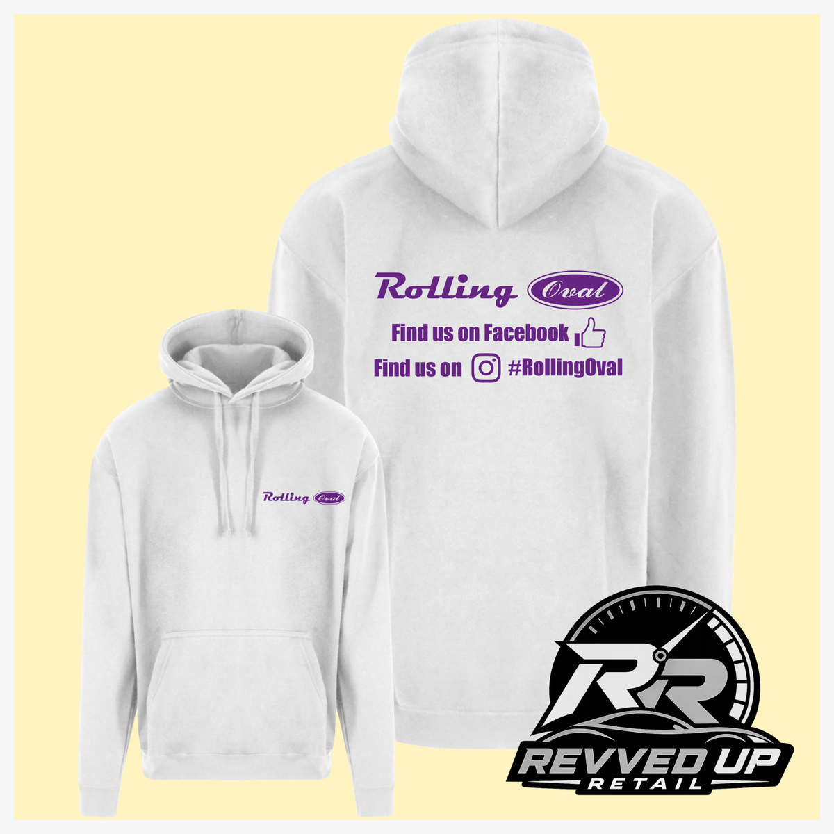 A white hoodie shown from both front and back on a pale yellow background. The front has a small purple Rolling Oval logo on the left chest, and the back has larger purple text reading 'Rolling Oval' with social media contact details.