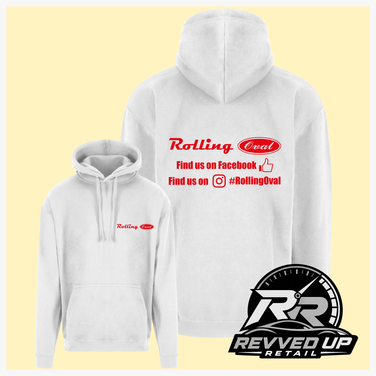 White pullover hoodies shown from front and back on a pale yellow background. The front hoodie has a small red 'Rolling Oval' logo on the left chest, while the back hoodie has a larger red 'Rolling Oval' logo with social media text.