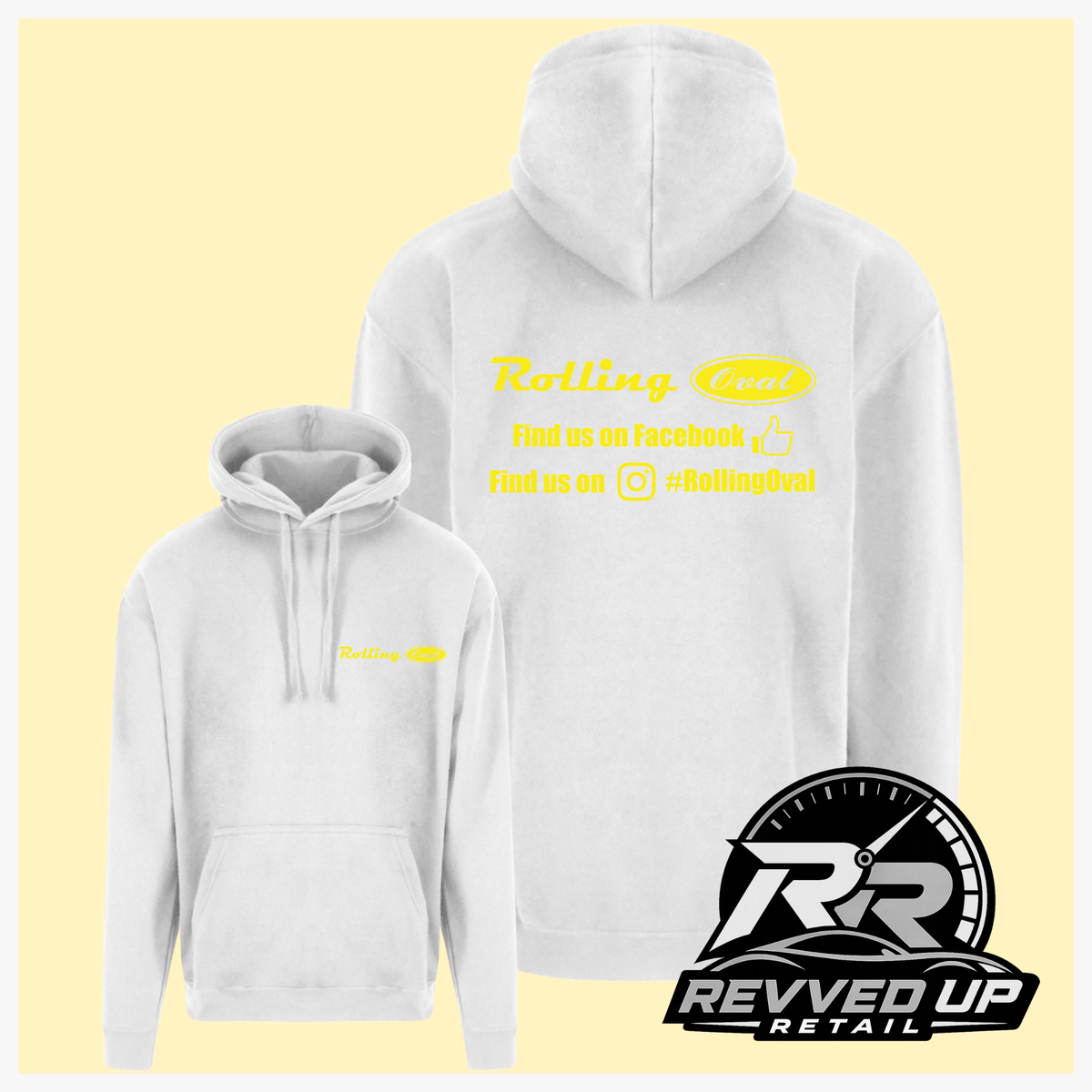 White pullover hoodies shown from both front and back on a pale yellow background. The front hoodie has a small yellow 'Rolling Oval' logo on the left chest, while the back hoodie has a larger yellow graphic with social media text.