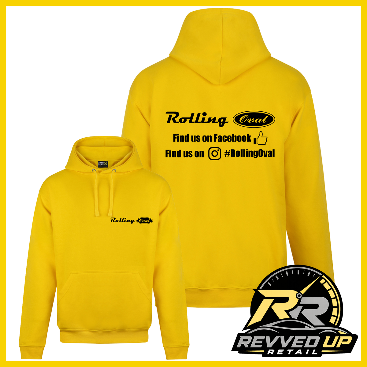 Yellow pullover hoodie shown from both front and back on a white background with a yellow border. The front has a small black 'Rolling Oval' logo on the left chest, and the back has a larger black 'Rolling Oval' logo with social media text.