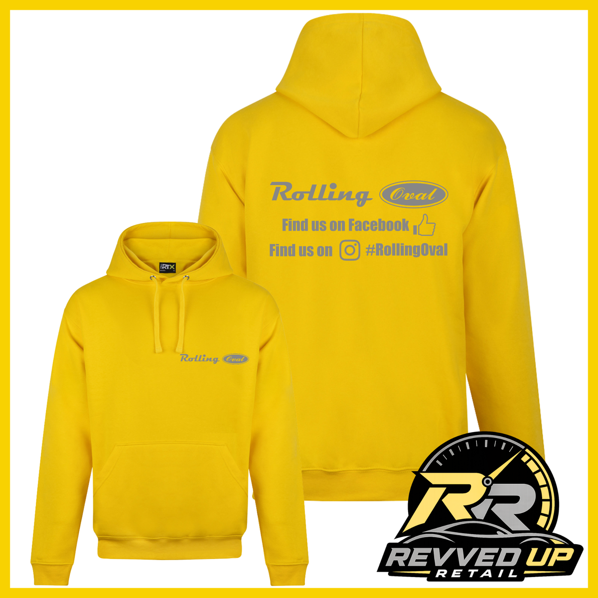 A bright yellow hoodie shown from both front and back on a white background with a yellow border. The front has a small chest logo reading Rolling  Oval, and the back has a larger version with social media text.