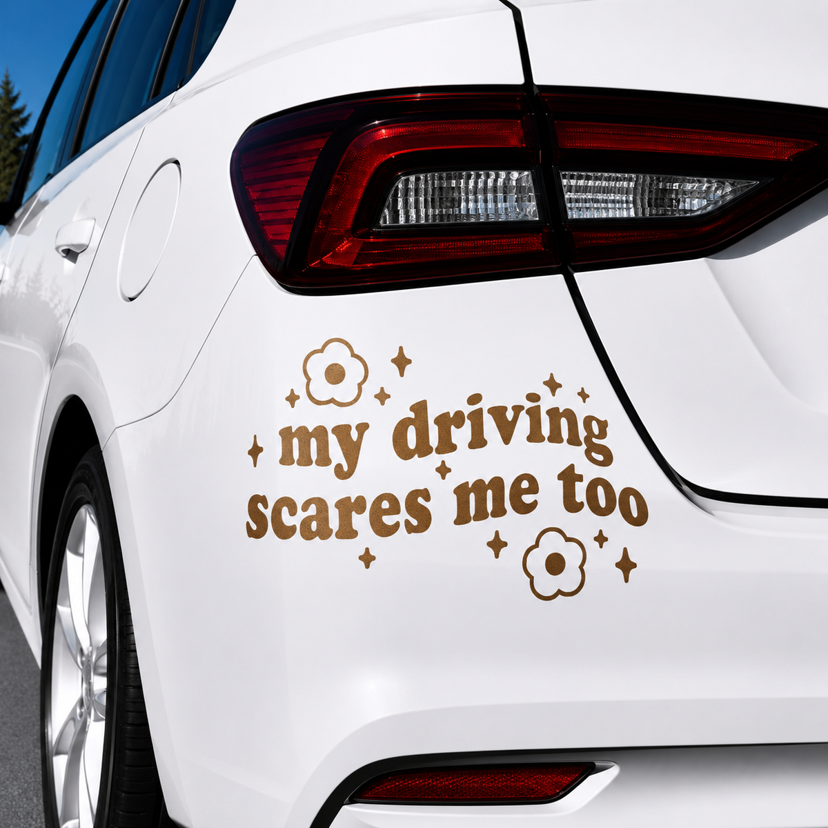 Brown vinyl car decal with the text 'my driving scares me too' and small flower and star accents, shown applied to the rear quarter panel of a white car.
