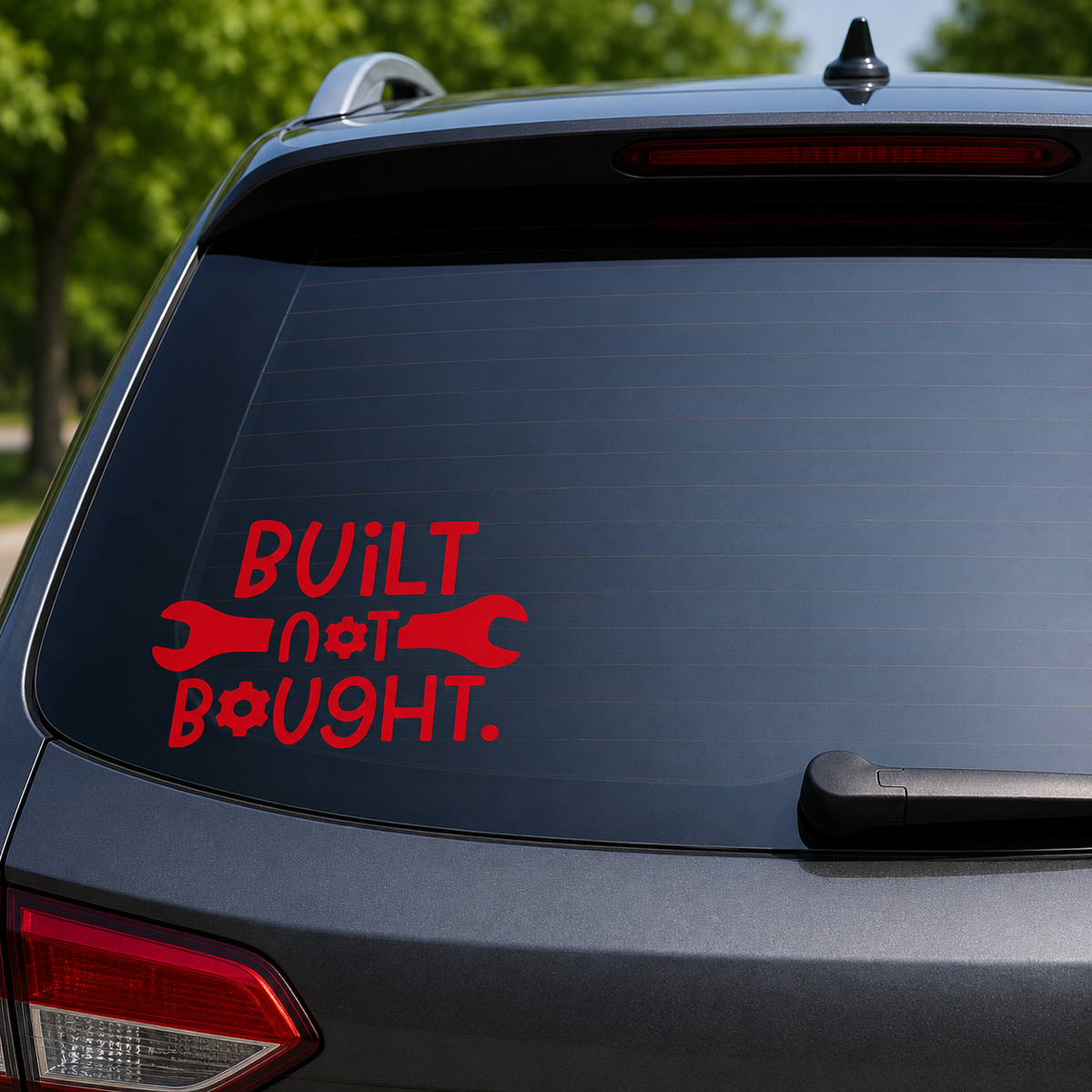 A red vinyl decal on the back window of a dark gray SUV, featuring the text 'BUILT not BOUGHT.' with wrench and gear icons, set against a blurred outdoor background of green trees.
