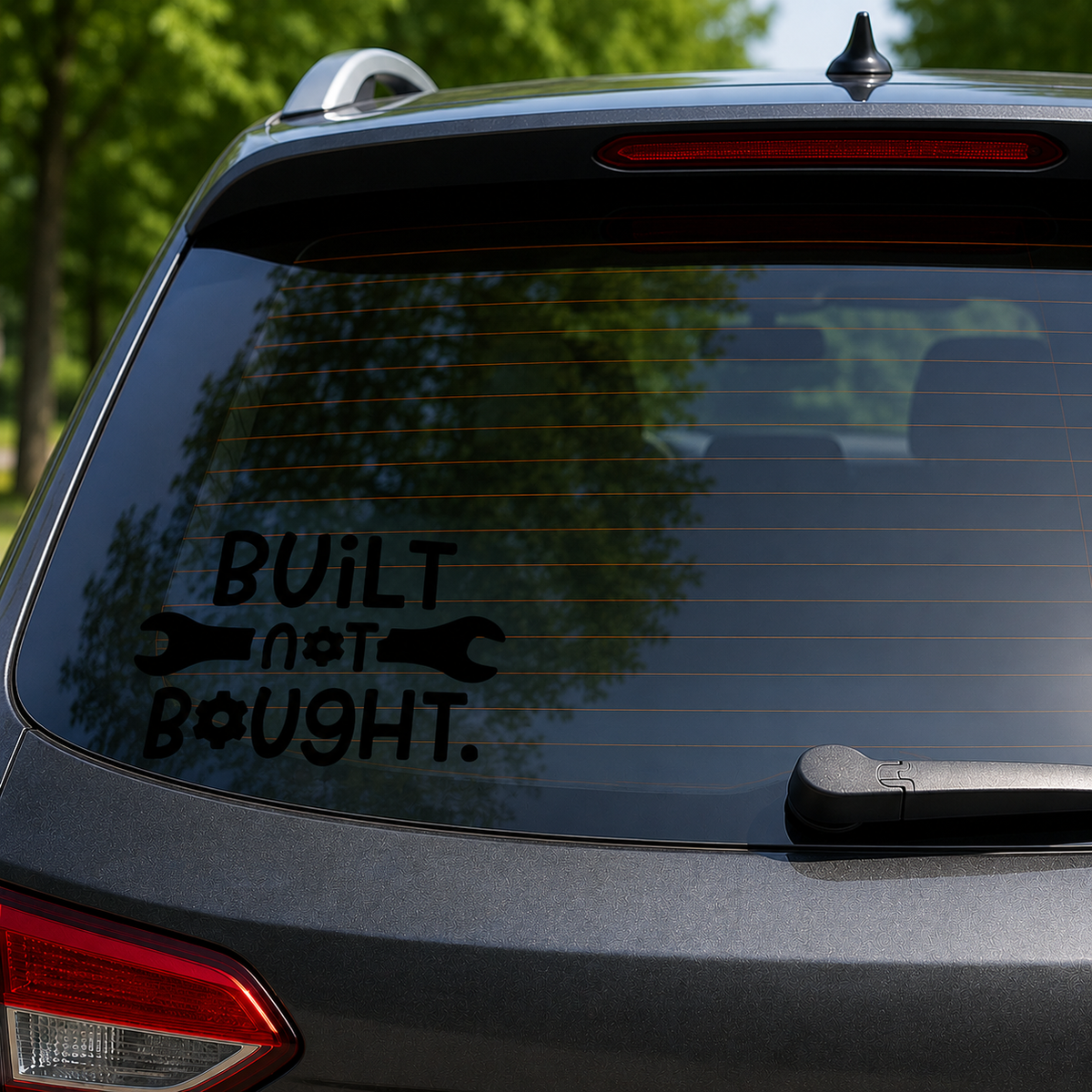 A black vinyl decal on the rear window of a gray SUV, featuring the text 'BUILT NOT BOUGHT.' with wrench graphics.