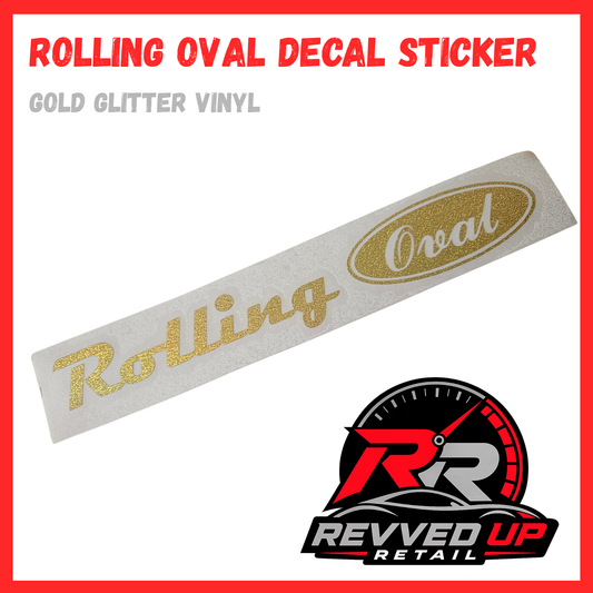 A gold glitter vinyl rolling oval decal sticker shown on a white background with red and gray text labels and a Revved Up Retail logo at the bottom.