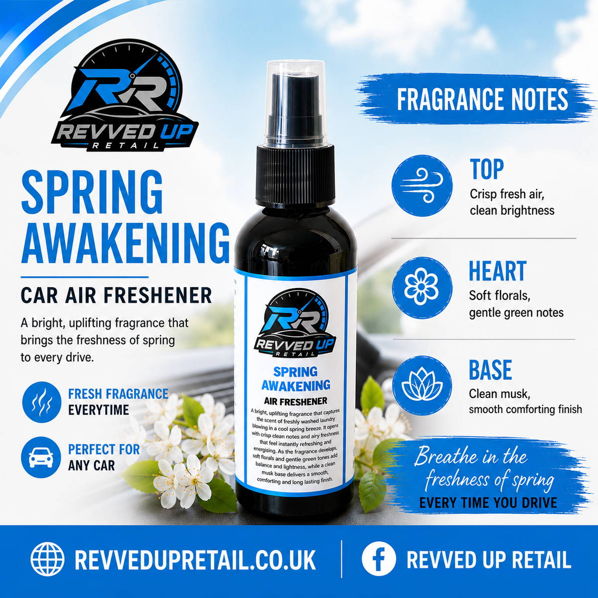 Revved Up Retail Spring Awakening Car Air Freshener in a black spray bottle, presented on a blue and white promotional graphic with fragrance notes and decorative white flowers.