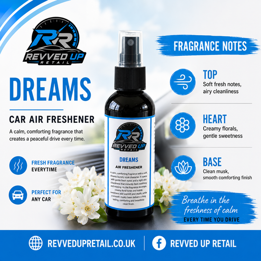 Revved Up Dreams Car Air Freshener in a dark amber spray bottle with a black cap, shown on a promotional graphic with fragrance notes and white flowers.