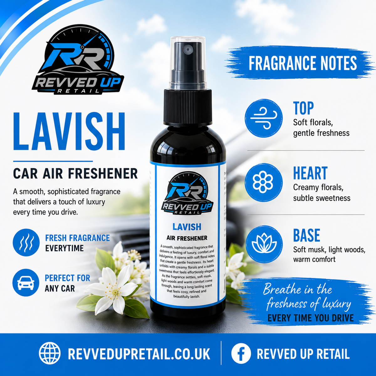 Revved Up Retail Lavish Car Air Freshener in a dark amber spray bottle with a black spray top and a white label. The image is a promotional graphic with fragrance notes, floral illustrations, and branding on a light blue and white background.