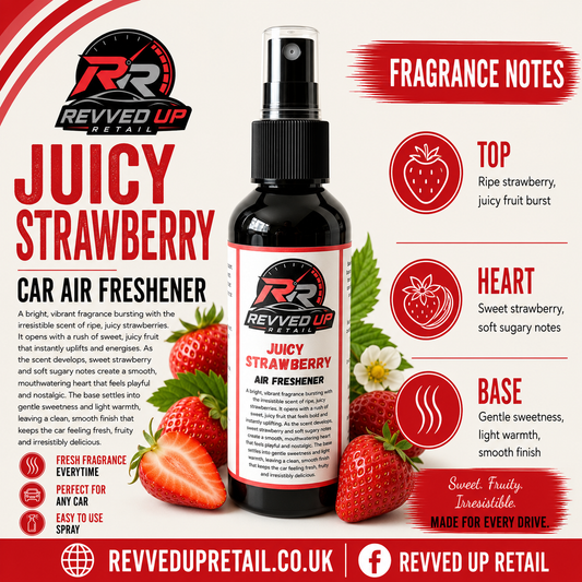 Juicy Strawberry car air freshener bottle by Revved Up Retail, shown on a white background with red and black branding, fragrance notes, and strawberry illustrations.