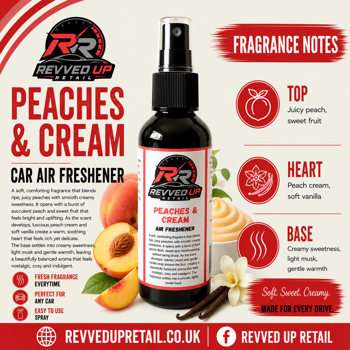 A bottle of Revved Up Retail 'Peaches & Cream' car air freshener spray, presented on a promotional graphic background with scent notes and illustrations of peaches and cream flowers.
