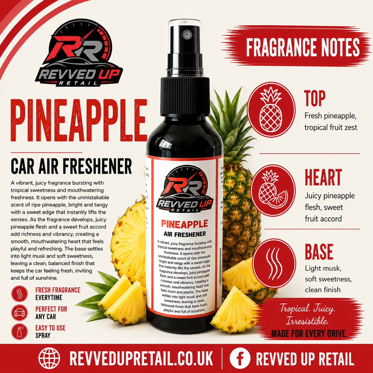 Revved Up Pineapple Car Air Freshener bottle centered on a promotional graphic with fragrance notes, pineapple illustrations, and brand text. The product is a black-and-white spray bottle with a white label featuring red and black branding.