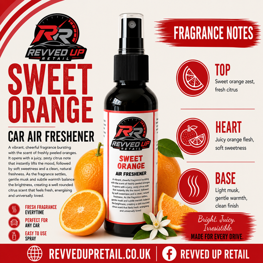 A bottle of Revved Up Sweet Orange Car Air Freshener centered on a light beige background with large red and black text, fragrance notes callouts, and orange slices/flowers around the bottle.