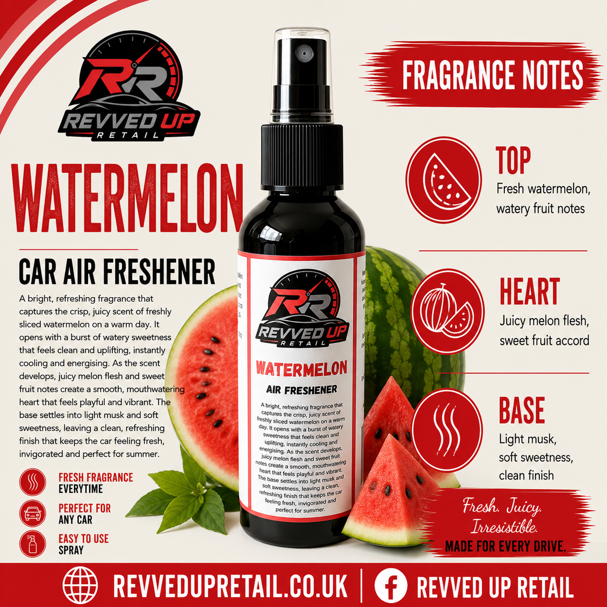 Revved Up Watermelon car air freshener in a black spray bottle, surrounded by promotional text, fruit illustrations, and fragrance notes on a cream background.