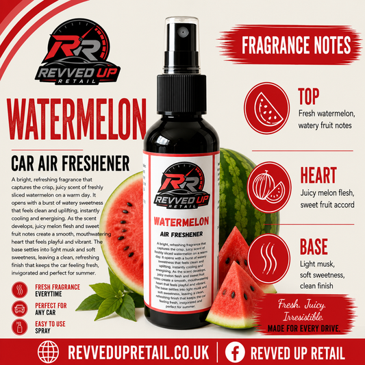 Revved Up Watermelon car air freshener in a black spray bottle, surrounded by promotional text, fruit illustrations, and fragrance notes on a cream background.