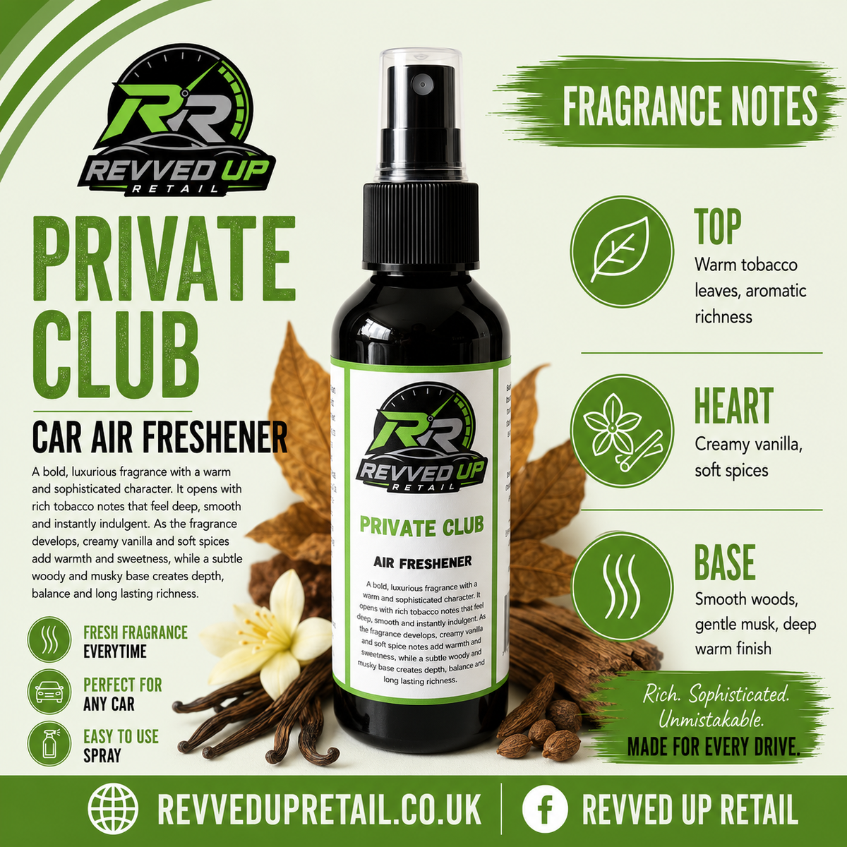 A bottle of Revved Up Private Club Car Air Freshener centered on a green and white promotional graphic with fragrance notes, ingredient imagery, and branding.