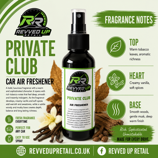 A bottle of Revved Up Private Club Car Air Freshener centered on a green and white promotional graphic with fragrance notes, ingredient imagery, and branding.