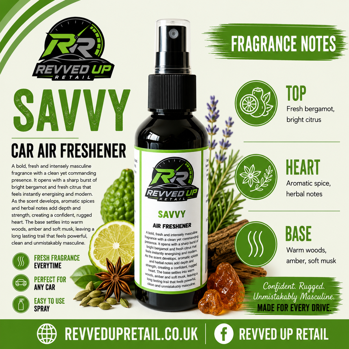 Revved Up Retail Savvy Car Air Freshener bottle shown on a green and white infographic background with fragrance notes, ingredient imagery, and product details.