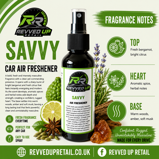 Revved Up Retail Savvy Car Air Freshener bottle shown on a green and white infographic background with fragrance notes, ingredient imagery, and product details.