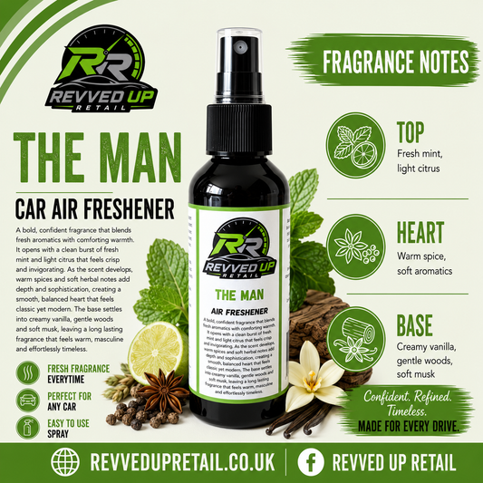 A bottle of Revved Up 'The Man' car air freshener centered on a light green infographic-style background with fragrance notes, brand logo, and decorative botanical and spice illustrations.
