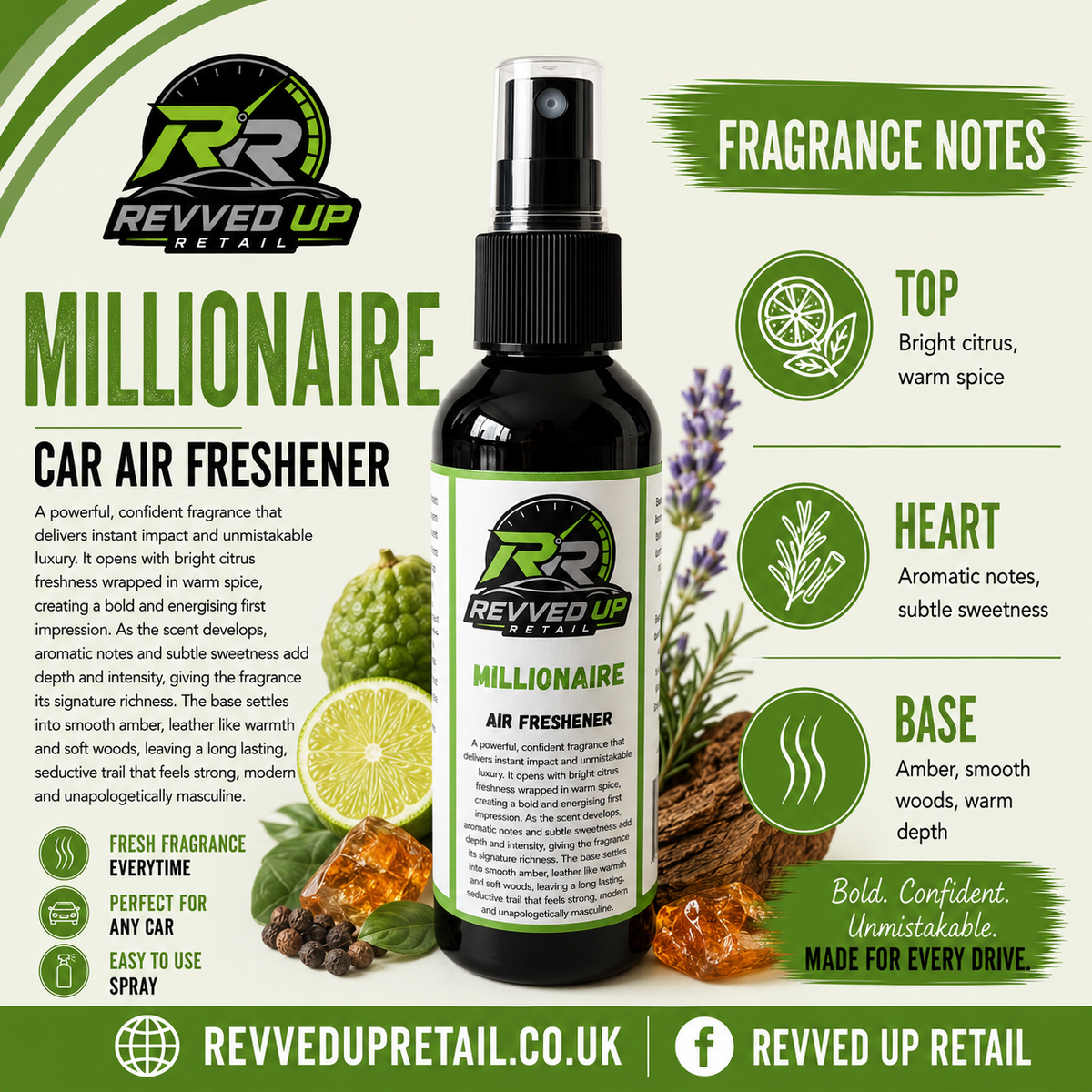 Revved Up Retail Millionaire Car Air Freshener bottle shown on a light green infographic background with fragrance notes, ingredients, and branding.