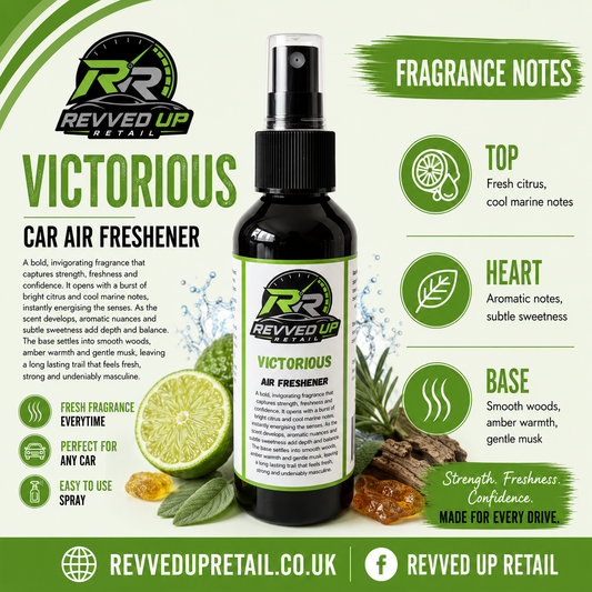 A bottle of Revved Up Retail 'Victorious' Car Air Freshener centered on a light green graphic background with fragrance notes, ingredient imagery, and branding.