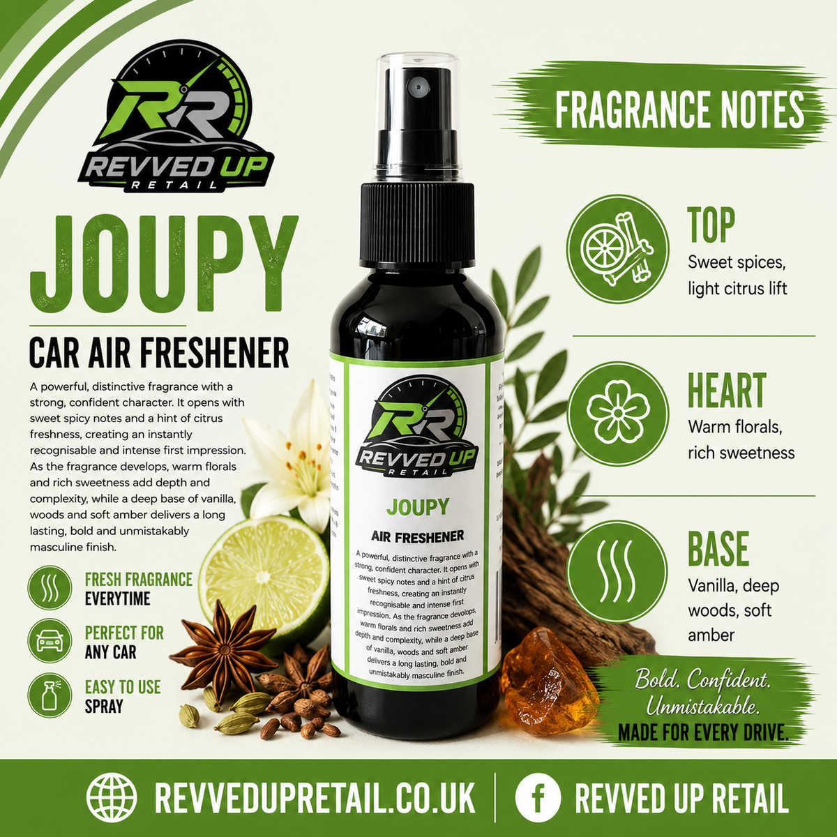 A bottle of Revved Up JoupY car air freshener centered on a green and white promotional graphic with fragrance notes, ingredient imagery, and branding.