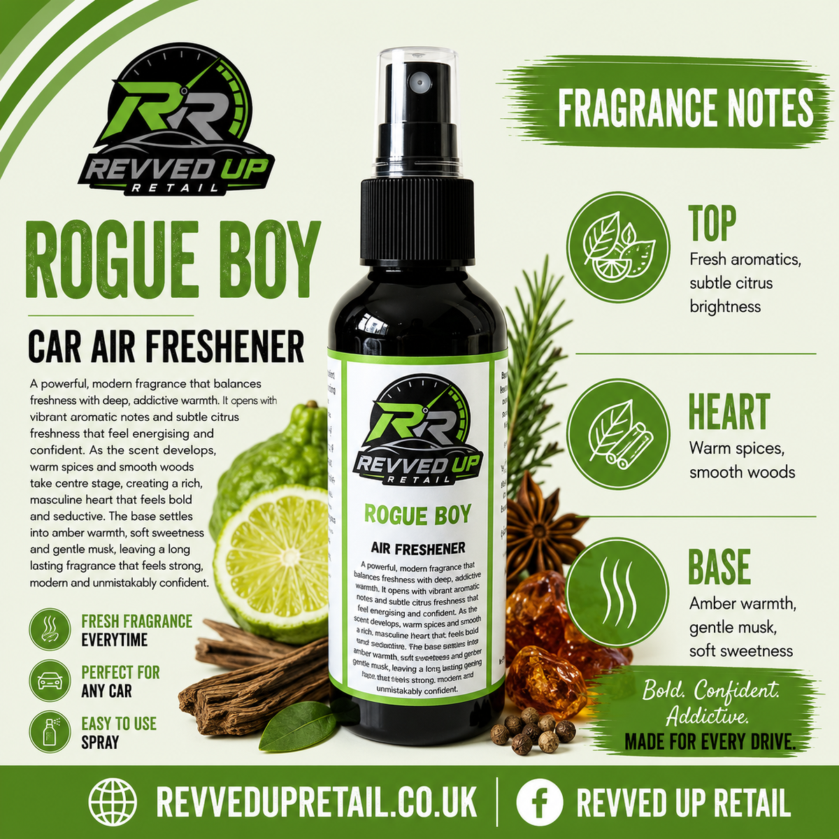 A bottle of Rogue Boy Car Air Freshener by Revved Up Retail, presented on a light beige background with green and black text detailing its fragrance notes and ingredients like wood chips and citrus peels.