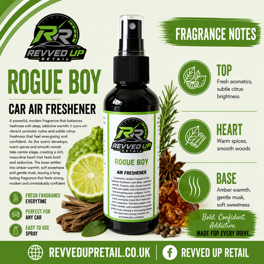 A bottle of Rogue Boy Car Air Freshener by Revved Up Retail, presented on a light beige background with green and black text detailing its fragrance notes and ingredients like wood chips and citrus peels.