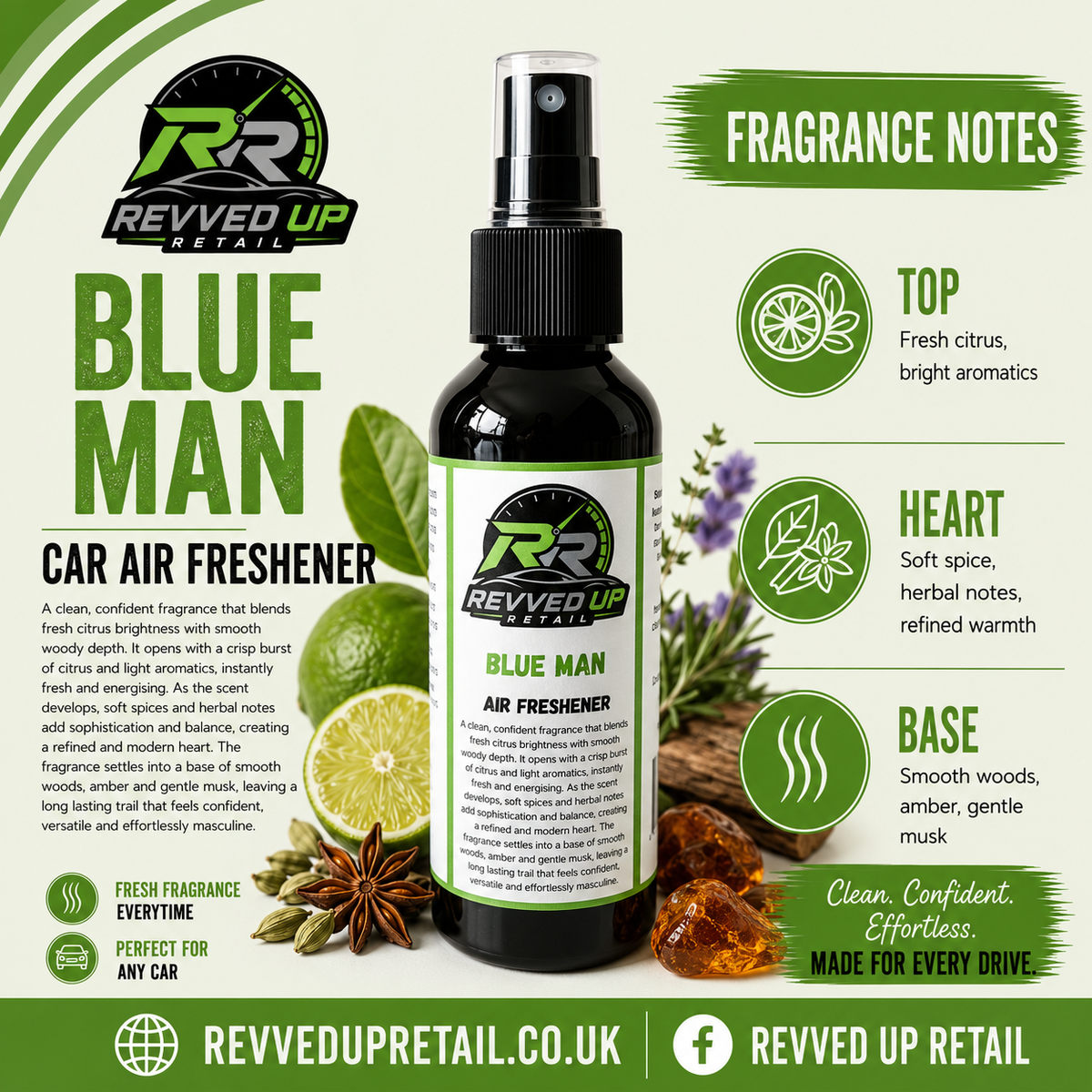 A bottle of Revved Up Retail 'Blue Man' Car Air Freshener centered on a light green graphic background with fragrance notes, icons, and branding. The bottle is dark amber glass with a black spray top and a white-and-green label.
