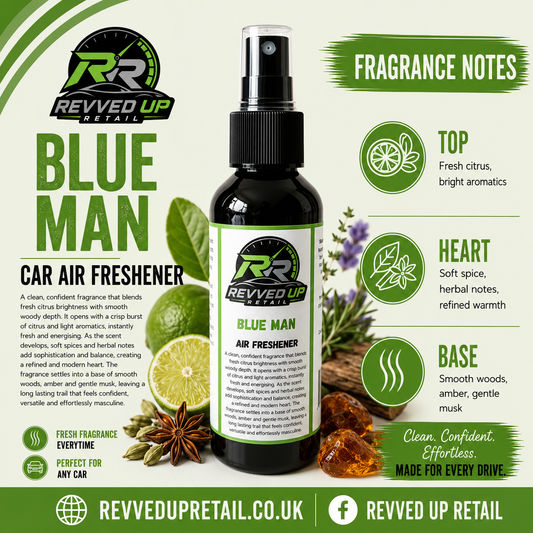 A bottle of Revved Up Retail 'Blue Man' Car Air Freshener centered on a light green graphic background with fragrance notes, icons, and branding. The bottle is dark amber glass with a black spray top and a white-and-green label.
