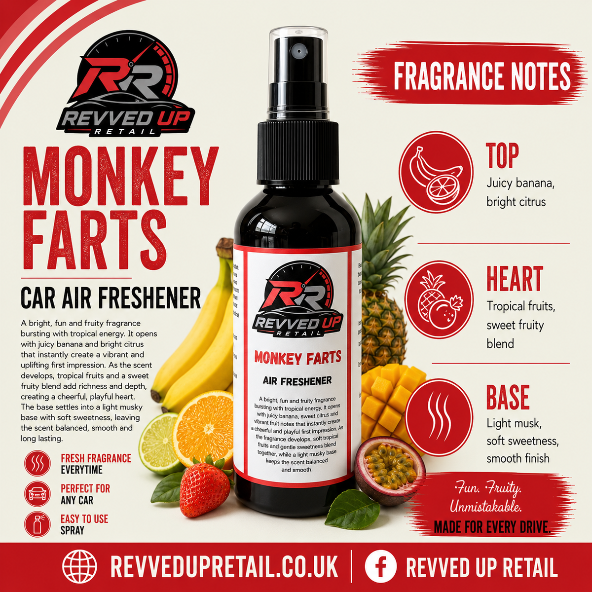 A bottle of Revved Up Monkey Farts Car Air Freshener centered on a promotional graphic background. The bottle is dark amber glass with a black spray top and a white label featuring the brand logo and product name.
