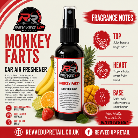 A bottle of Revved Up Monkey Farts Car Air Freshener centered on a promotional graphic background. The bottle is dark amber glass with a black spray top and a white label featuring the brand logo and product name.