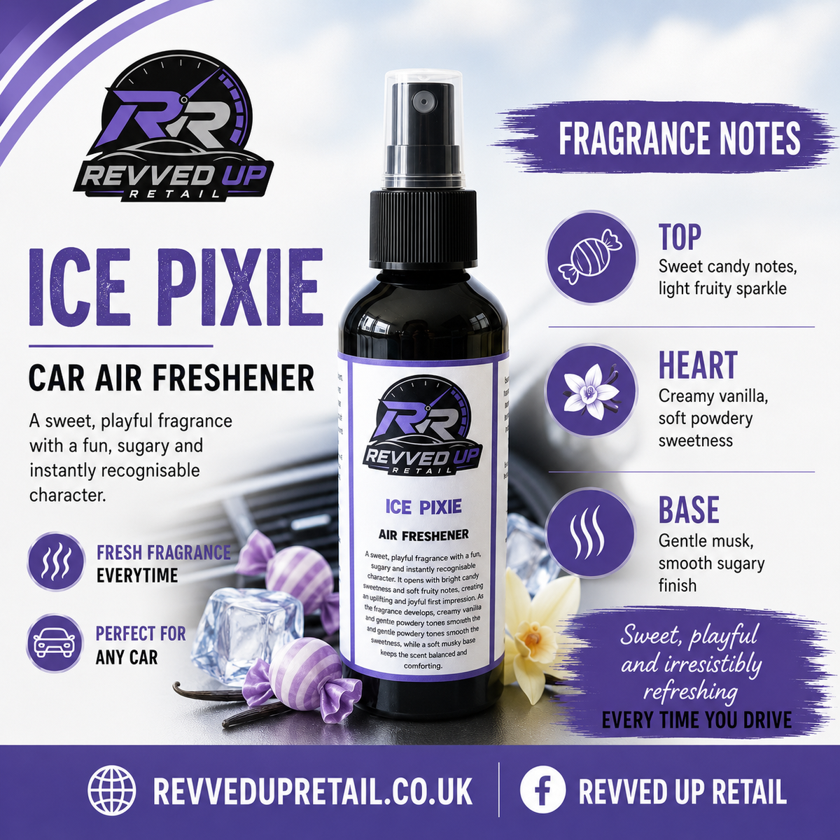 Revved Up Retail Ice Pixie Car Air Freshener bottle in the center, surrounded by fragrance notes text, icons, and decorative lavender and vanilla elements on a white and purple graphic background.