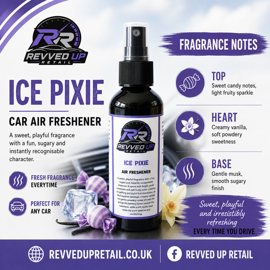 Revved Up Retail Ice Pixie Car Air Freshener bottle in the center, surrounded by fragrance notes text, icons, and decorative lavender and vanilla elements on a white and purple graphic background.