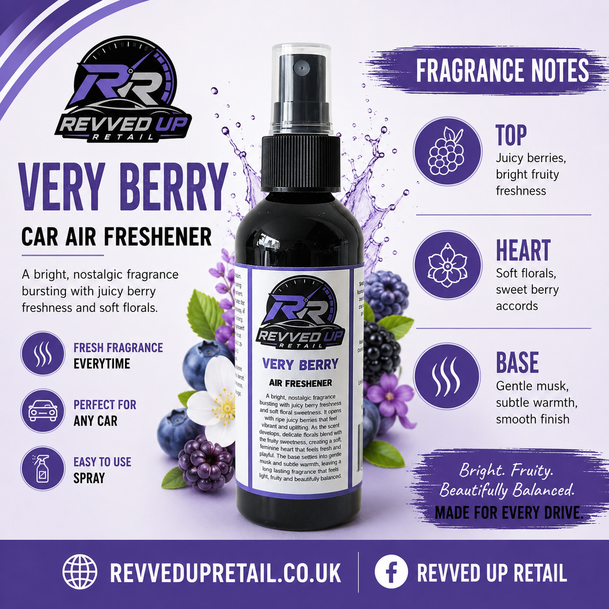 Revved Up Retail Very Berry Car Air Freshener in a dark bottle with a spray nozzle, surrounded by purple and white promotional graphics, fruit illustrations, and fragrance notes on a light purple background.