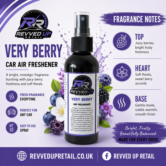 Revved Up Retail Very Berry Car Air Freshener in a dark bottle with a spray nozzle, surrounded by purple and white promotional graphics, fruit illustrations, and fragrance notes on a light purple background.
