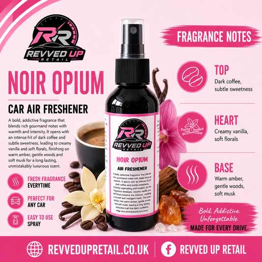 Revved Up Retail Noir Opium Car Air Freshener bottle in the center, surrounded by fragrance notes graphics, coffee cup, vanilla flower, cinnamon, and spices on a pink and white background.