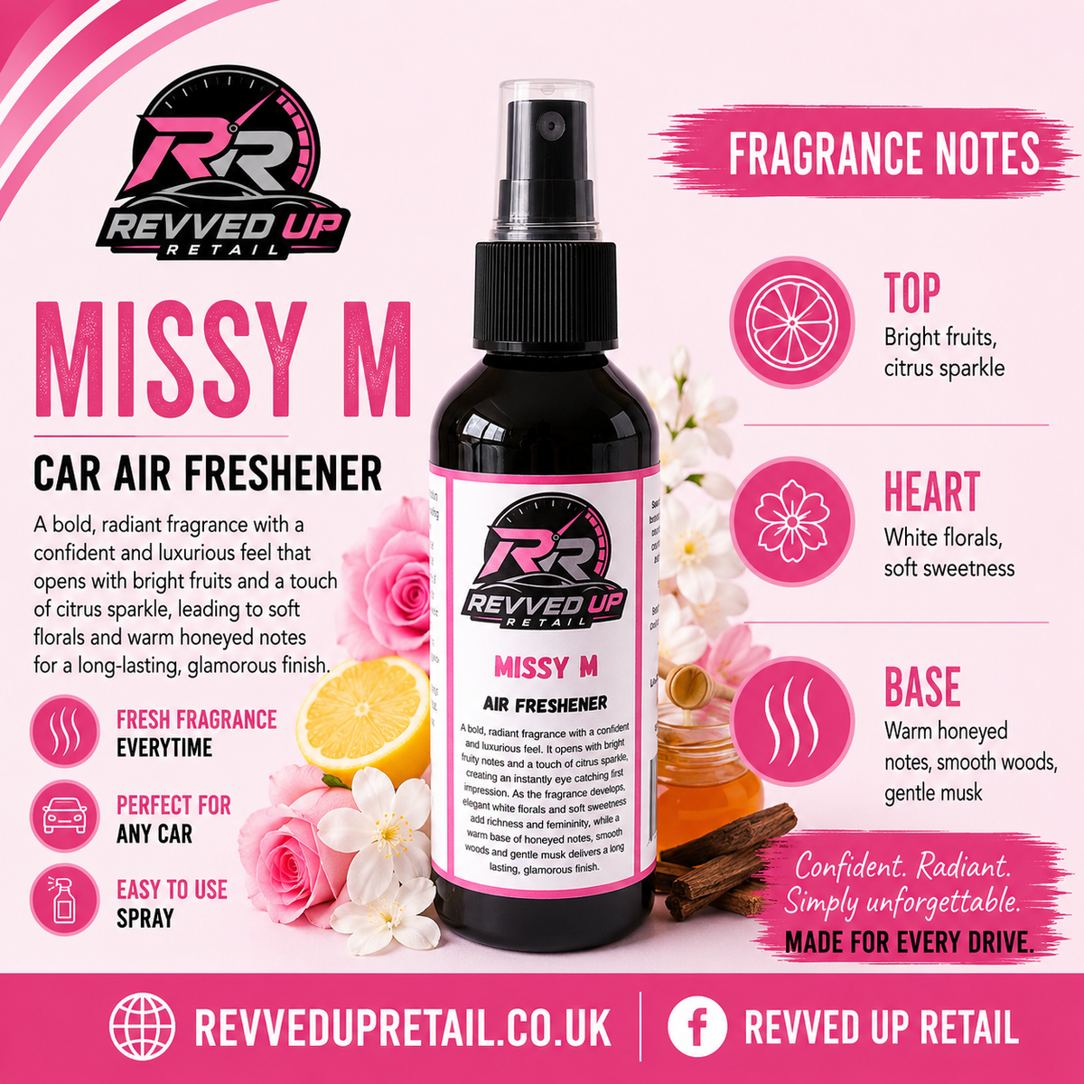Revved Up Retail Missy M Car Air Freshener bottle in a dark amber glass spray bottle with a black sprayer, set against a pink and white promotional graphic with floral illustrations and fragrance notes.