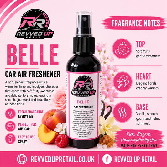 Revved Up Retail Belle Car Air Freshener bottle centered on a pink promotional graphic with fragrance notes, scent descriptions, and fruit/flower illustrations.