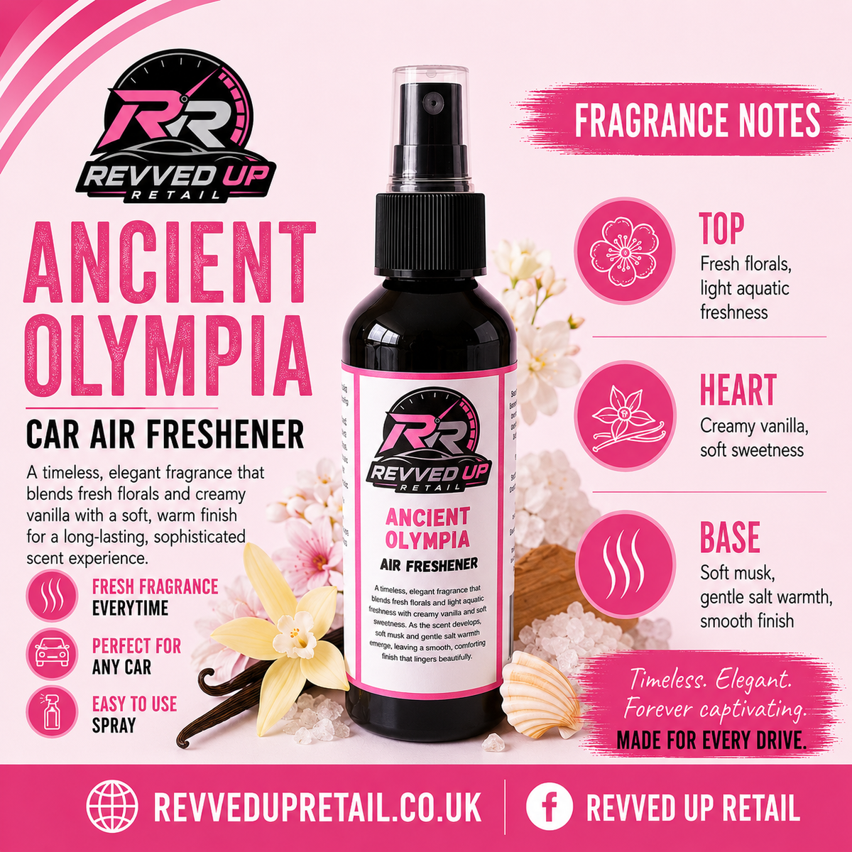 Revved Up Retail Ancient Olympia Car Air Freshener bottle centered on a pink and white promotional graphic with fragrance notes, icons, and branding.