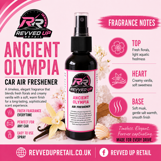 Revved Up Retail Ancient Olympia Car Air Freshener bottle centered on a pink and white promotional graphic with fragrance notes, icons, and branding.